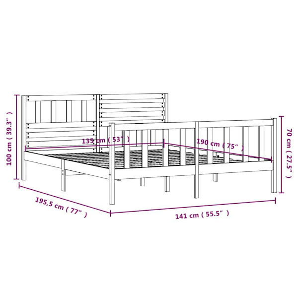 vidaXL Sängram massiv furu 135x190 cm svart Svart