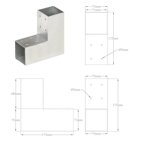 vidaXL Stolpbeslag 4 st L-form galvaniserad metall 71x71 mm Silver