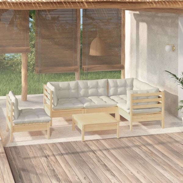 vidaXL Loungegrupp med gräddvita dynor 6 delar massiv furu Creme