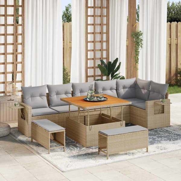 vidaXL Trädgårdsoffset 9 pcs Beige konstrotting Beige