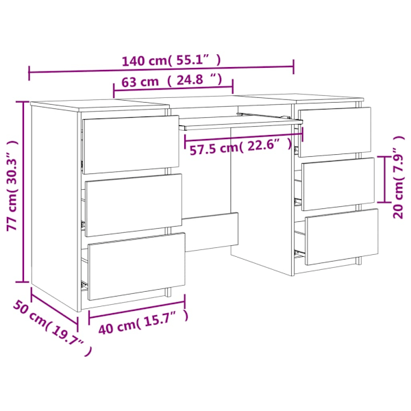 vidaXL Skrivbord brun ek 140x50x77 cm konstruerat trä Brun