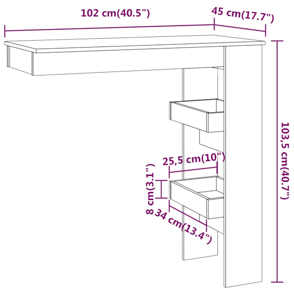 vidaXL Barbord väggmonterat rökfärgad 102x45x103,5 cm konstruerat trä Brun