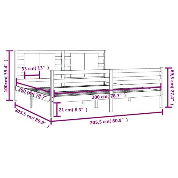 vidaXL Sängram grå massiv furu 200x200 cm Grå