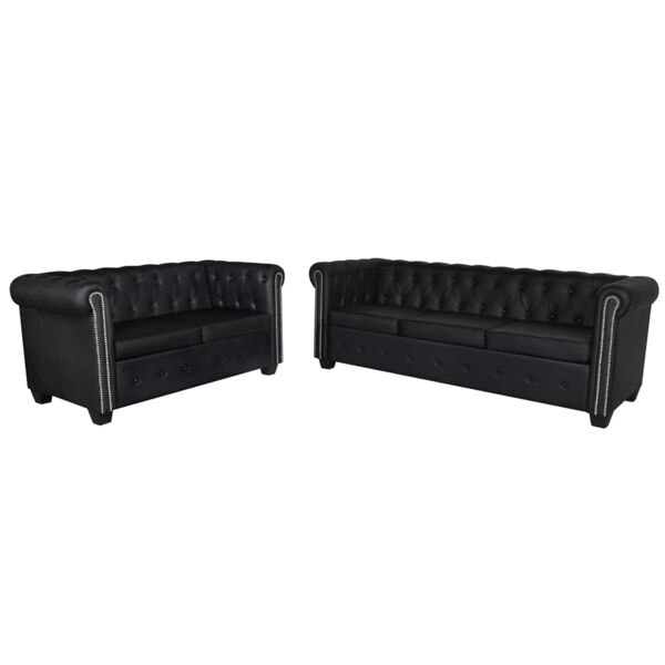 vidaXL Soffset Chesterfield i svart konstläder 2-sitsig + 3-sitsig Svart