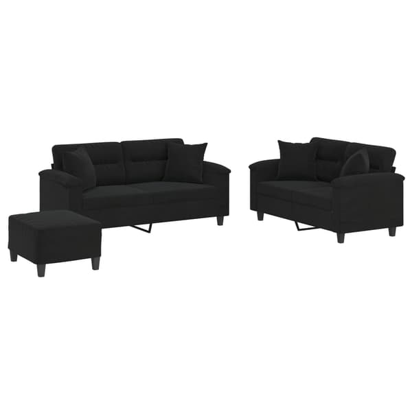 vidaXL Soffgrupp med kuddar 3 delar svart mikrofibertyg art