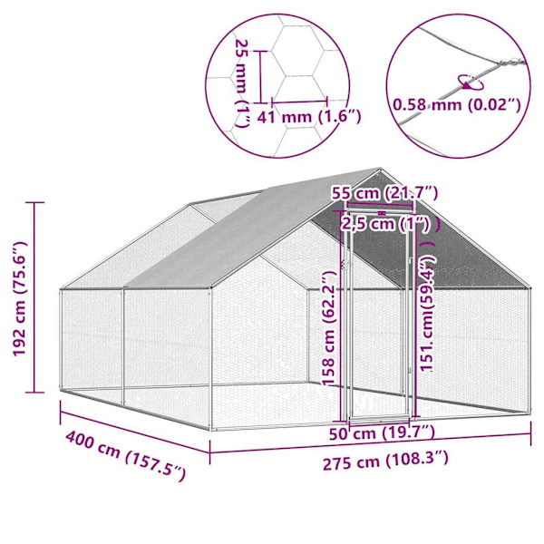 vidaXL Hönsbur för utomhusbruk 2,75x4x1,92 m galvaniserat stål Silver