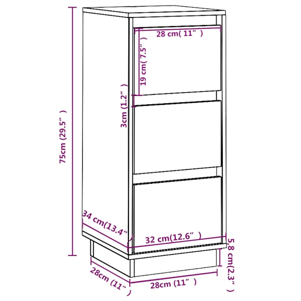 vidaXL Skänk vit 32x34x75 cm massiv furu Brun
