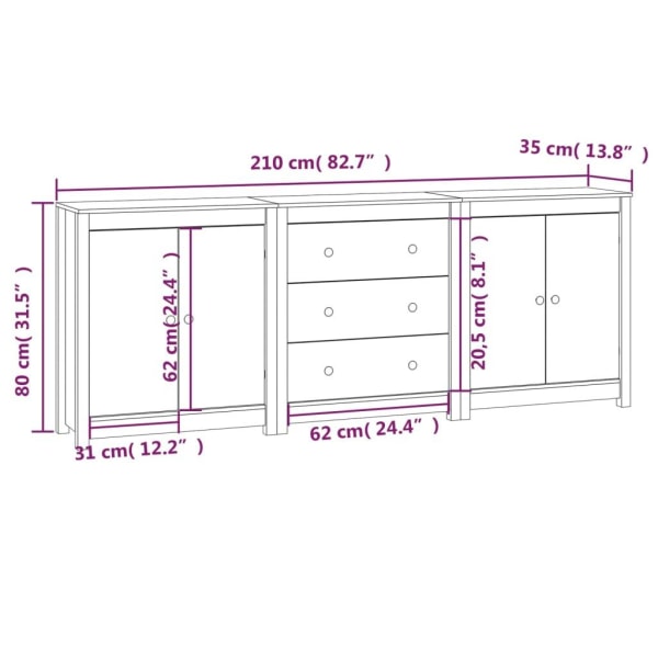 vidaXL Skänk vit 210x35x80 cm massiv furu Vit