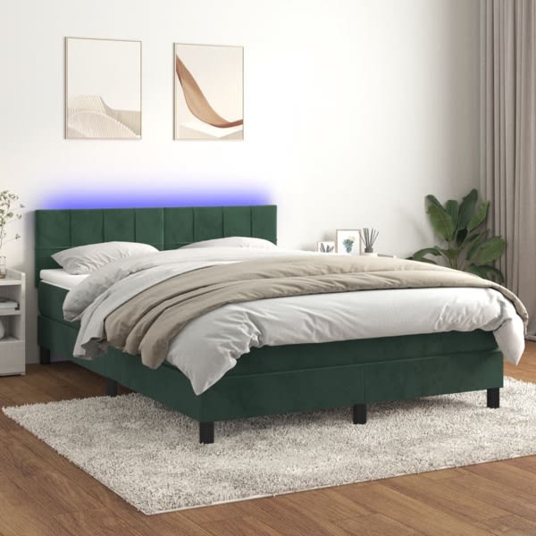 vidaXL Ramsäng med madrass & LED mörkgrön 140x190 cm sammet Grön