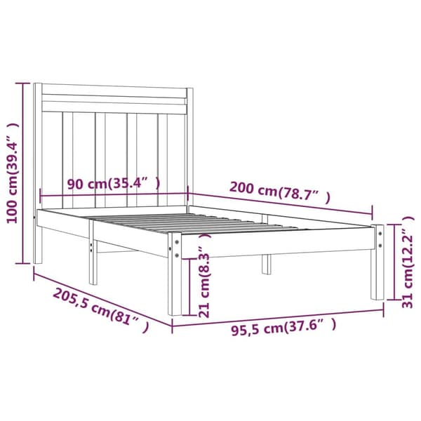 vidaXL Sängram grå massivt trä 90x200 cm Grå