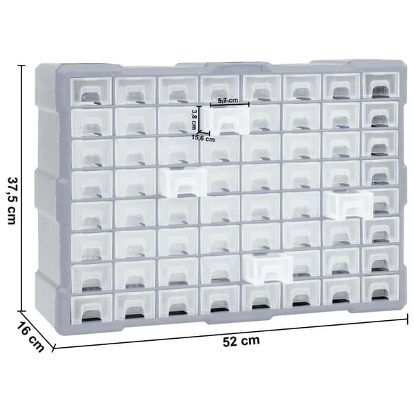 vidaXL Sortimentskåp med 64 lådor 52x16x37,5 cm grå