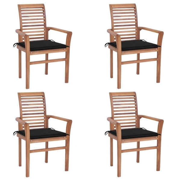 vidaXL Matstolar 4 st med svarta dynor massiv teak Svart