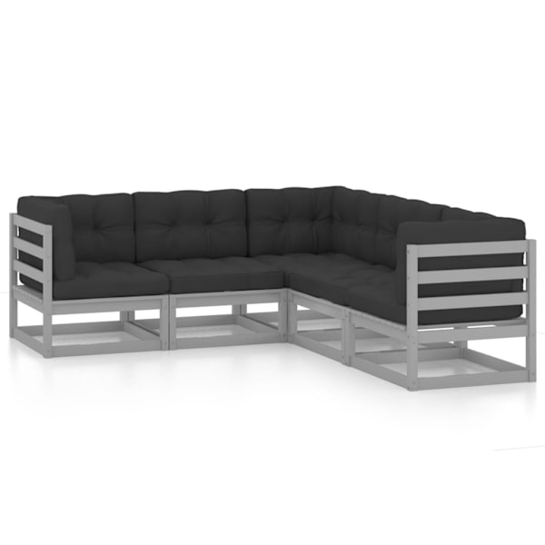 vidaXL Loungegrupp med dynor 5 delar massiv furu grå