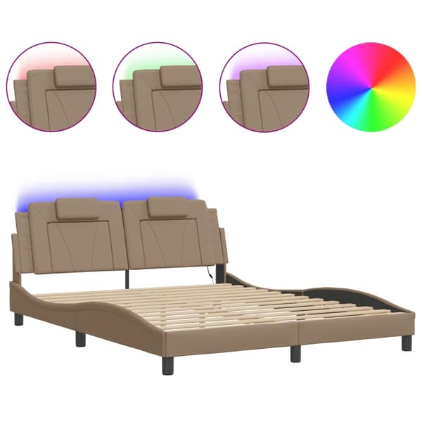 vidaXL Sängram med LED-belysning cappuccino 160x200 cm konstläder Brun