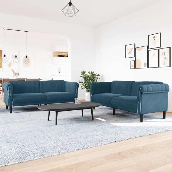 vidaXL Soffgrupp 2 delar blå sammet Blå