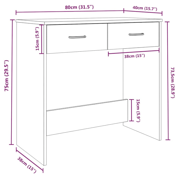 vidaXL Skrivbord brun ek 80x40x75 cm konstruerat trä Brun