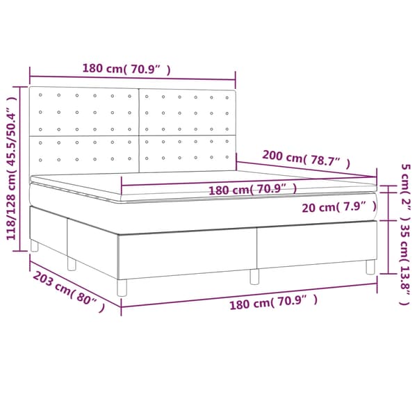 vidaXL Ramsäng med madrass & LED mörkgrå 180x200 cm sammet Grå