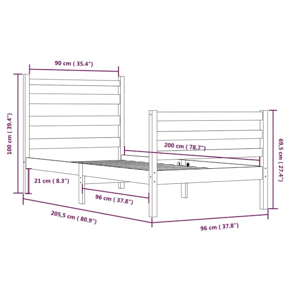 vidaXL Sängram massiv furu 90x200 cm grå Grå