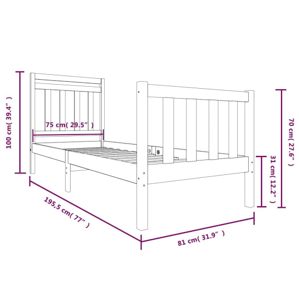 vidaXL Sängram massivt trä 75x190 cm vit Vit