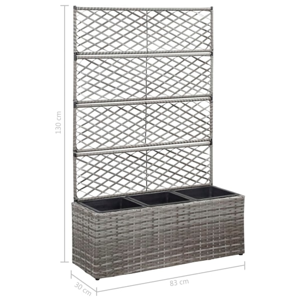 vidaXL Spaljé med 3 krukor upphöjd 83x30x130 cm konstrotting grå grå