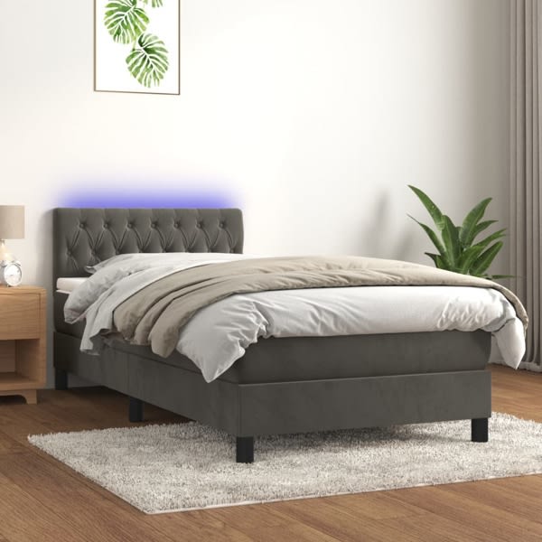vidaXL Ramsäng med madrass & LED mörkgrå 100x200 cm sammet Grå