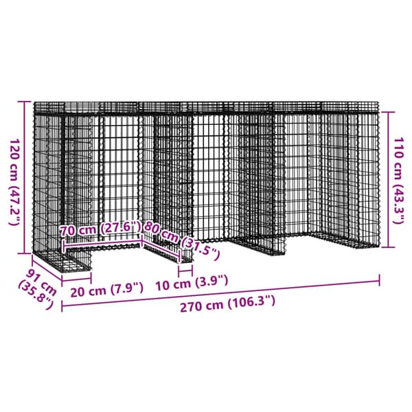 vidaXL Gabionvägg för soptunna 270x91x120 cm galvaniserat järn Silver