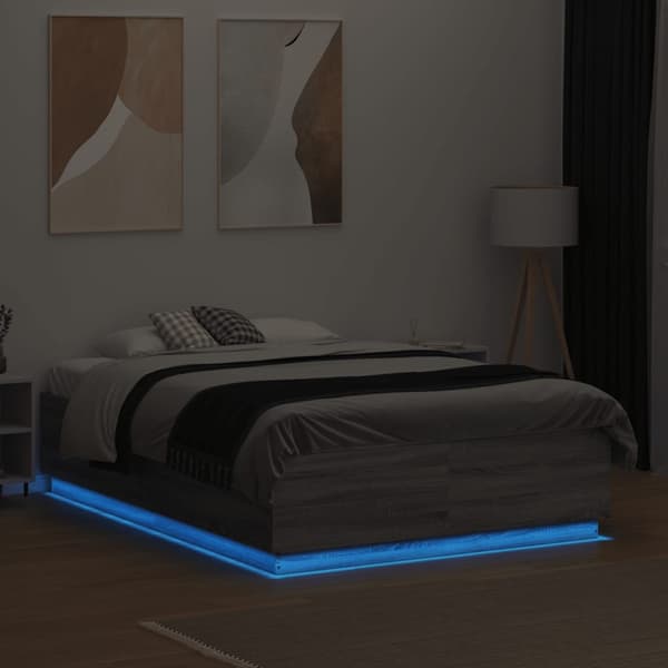 vidaXL Sängram med LEDs grå sonoma 135x190 cm konstruerad trä Grå