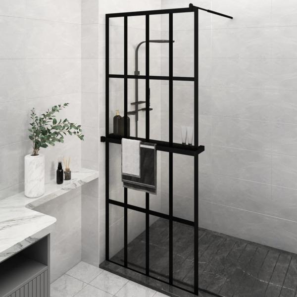 vidaXL Duschvägg med hylla svart 80x195 cm ESG-glas&aluminium Svart