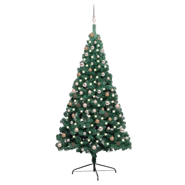 vidaXL Belyst halv plastgran med kulor grön 210 cm Grön