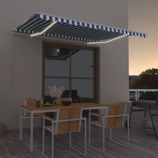 vidaXL Automatisk markis med vindsensor & LED 400x350 cm blå och vit Blå