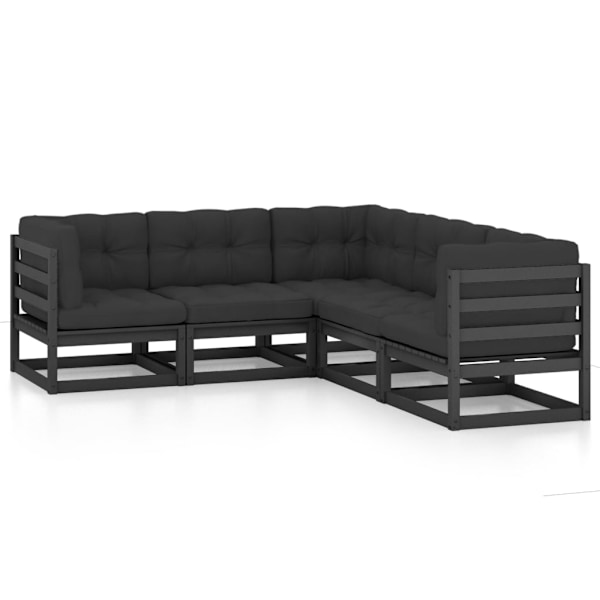 vidaXL Loungegrupp med dynor 5 delar massiv furu Svart