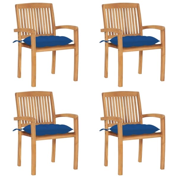 vidaXL Stapelbara trädgårdsstolar med dynor 4 st massiv teak Blå