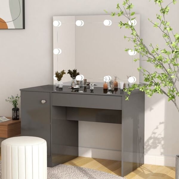 vidaXL Sminkbord med LED-belysning 110x55x145 cm MDF glänsande grå grå