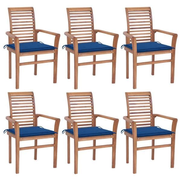 vidaXL Matstolar 6 st med kungsblå dynor massiv teak Blå