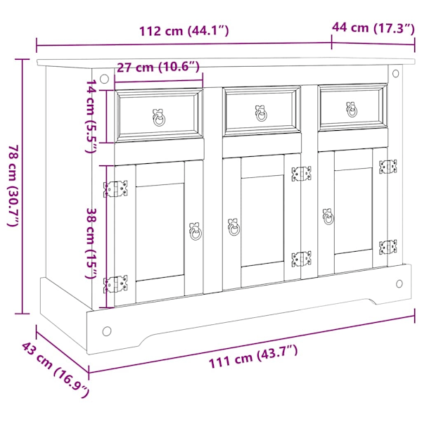 vidaXL Skänk Corona grå 112x43x78 cm massiv mexikansk furu Grå