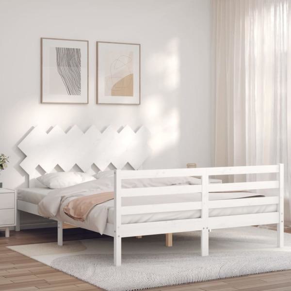 vidaXL Sängram med huvudgavel vit 140x200 cm massivt trä Vit