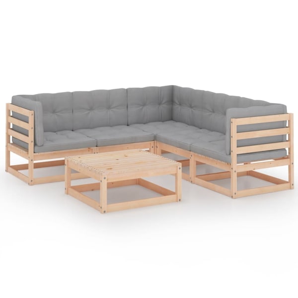 vidaXL Loungegrupp med dynor 6 delar massiv furu grå