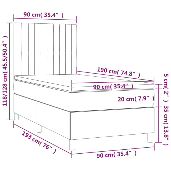 vidaXL Ramsäng med madrass & LED ljusgrå 90x190 cm sammet Grå