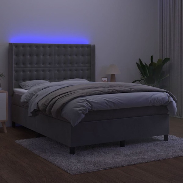 vidaXL Ramsäng med madrass & LED ljusgrå 140x190 cm sammet Grå