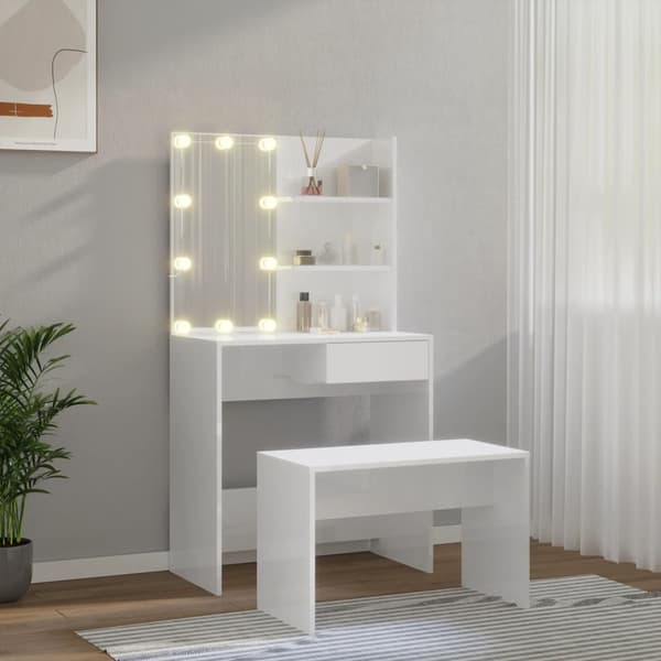 vidaXL Sminkbord LED vit högglans konstruerat trä Vit
