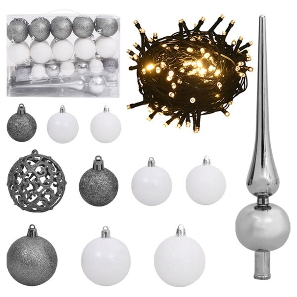 vidaXL Julgranskulor med spira och 150 LED 61 delar vit och grå grå