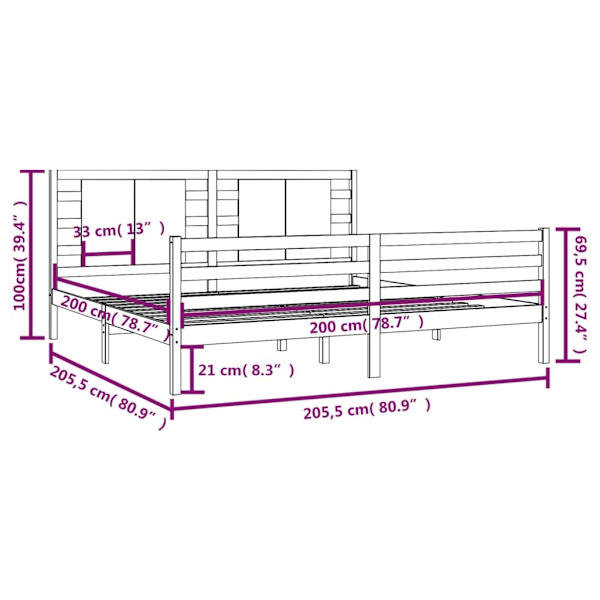 vidaXL Sängram massiv furu 200x200 cm Brun