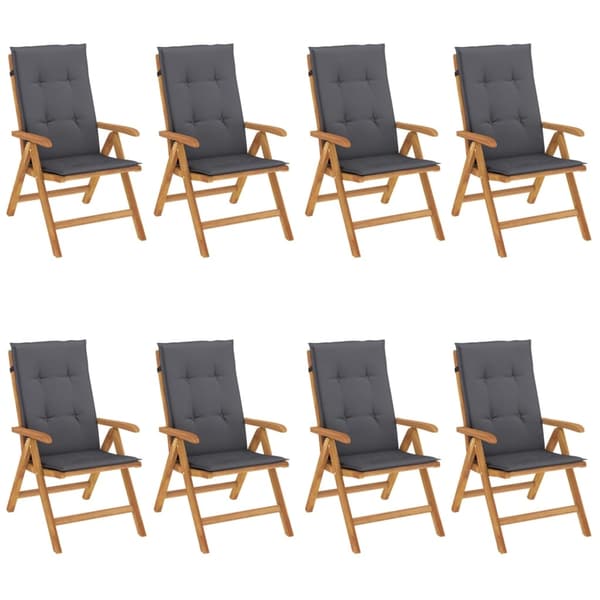 vidaXL Fällbara fåtöljer med dynor, 8 st, massivt trä, teak Brun