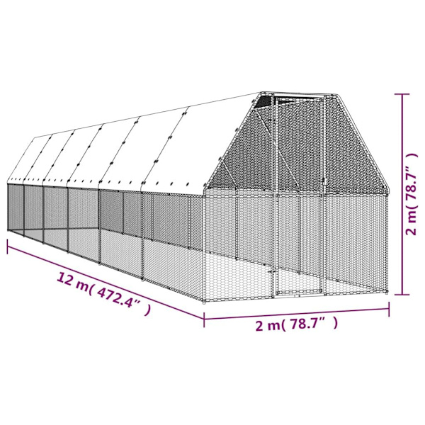 vidaXL Hönsbur för utomhusbruk 2x12x2 m galvaniserat stål Silver