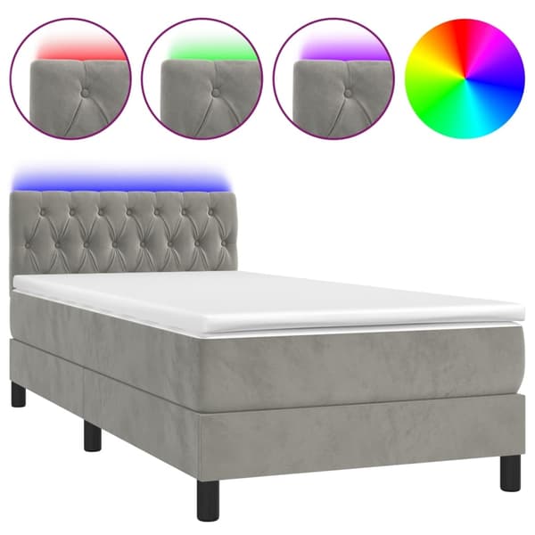vidaXL Ramsäng med madrass & LED ljusgrå 90x200 cm sammet Grå
