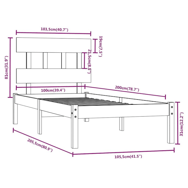 vidaXL Sängram svart massivt trä 100x200 cm Svart