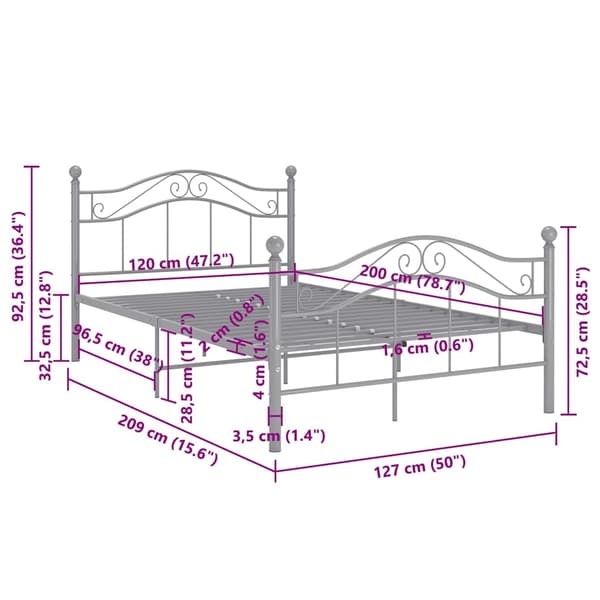 vidaXL Sängram grå metall 120x200 cm grå
