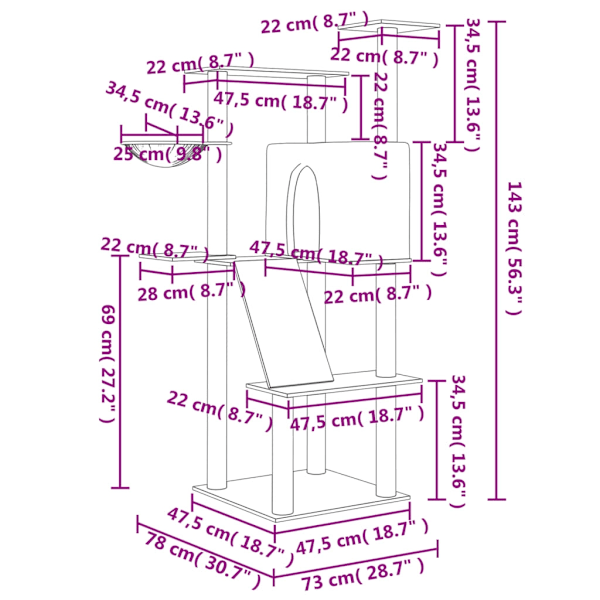 vidaXL Klösträd med sisalpelare mörkgrå 143 cm Grå