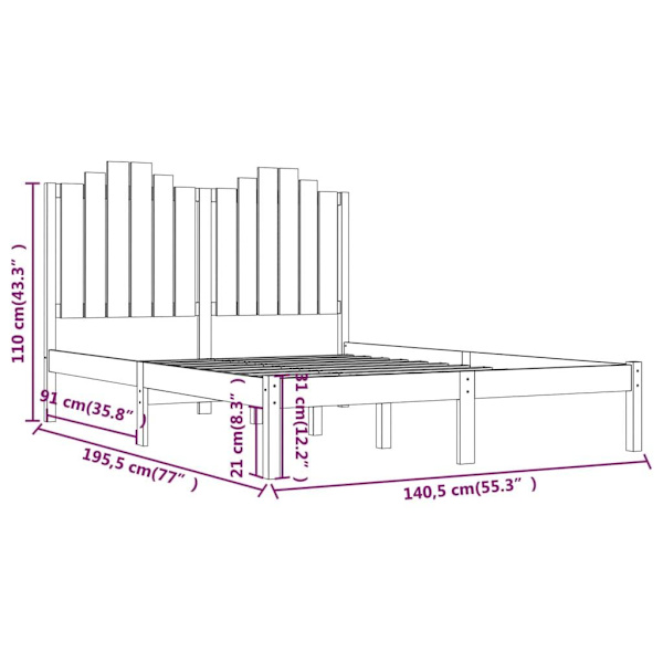 vidaXL Sängram massiv furu 135x190 cm Brun