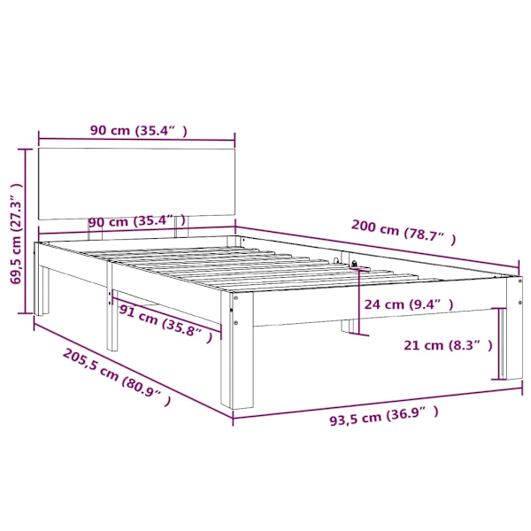 vidaXL Sängram massiv furu 90x200 cm Brun